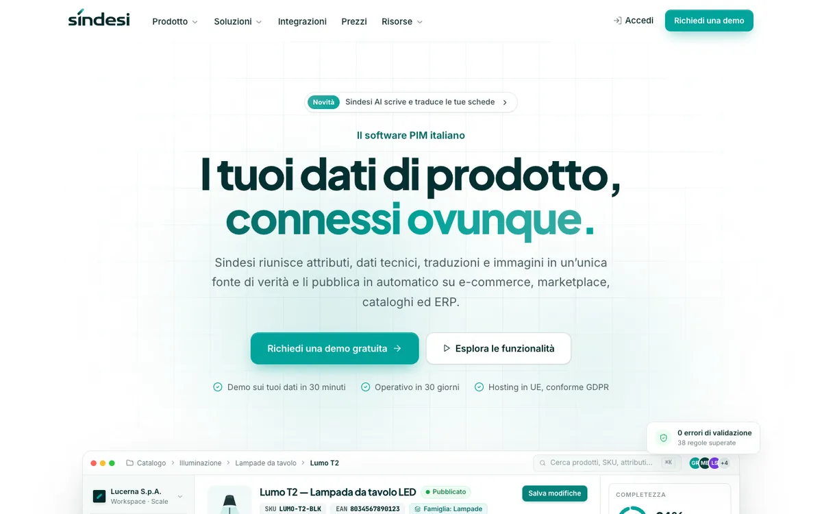 La home di Sindesi, il software PIM italiano, con la scheda di un prodotto