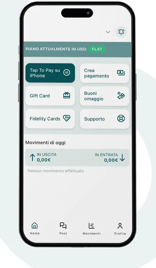 La home di Youppa Business: Tap to Pay, crea pagamento, gift card, buoni omaggio e fidelity card