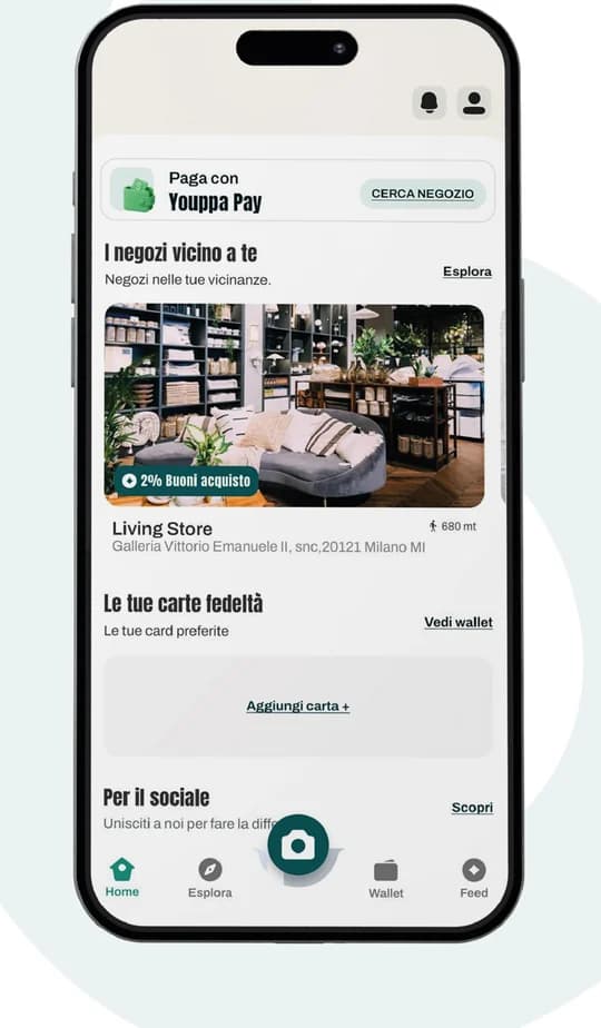 La home di Youppa con negozi vicini, carte fedeltà e punti